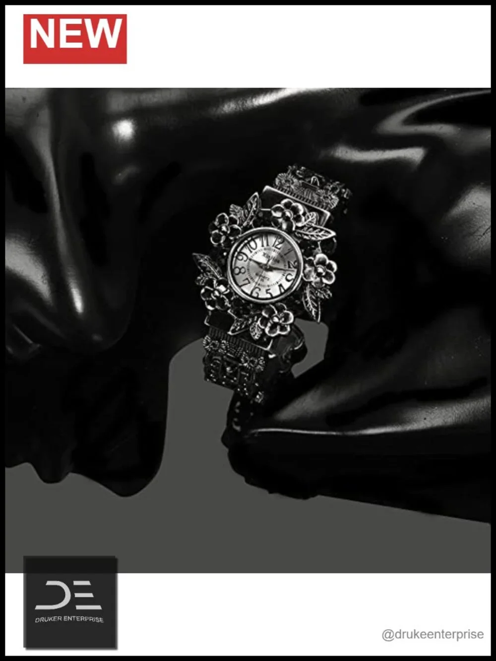 Vintage Cuff Bangle Bracelet Watch Carved Flowers Quartz Analog Wrist Watch